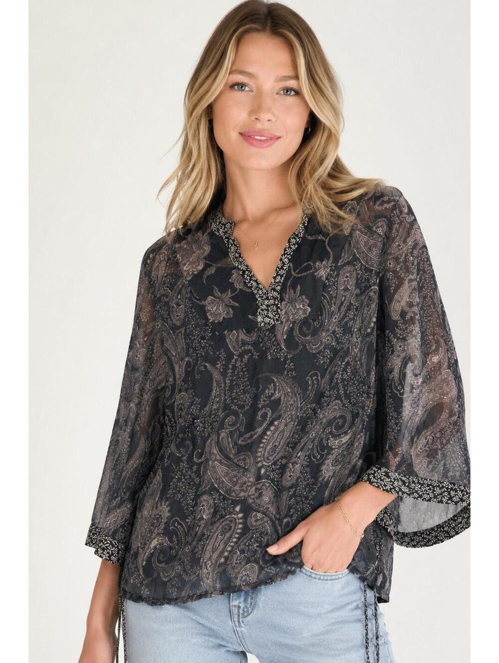 Spenser Jeremy 100% Silk Sheer Paisley Tie Waist Blouse Top Black Gray M